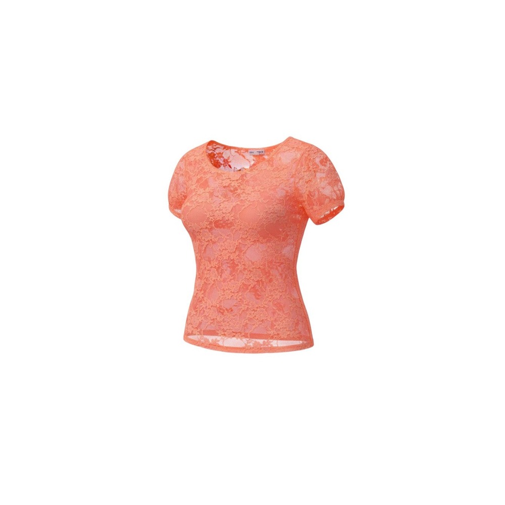 Zenana Outfitters Lace Top Womens Medium Orange Short Sleeve Floral Sheer Scoop